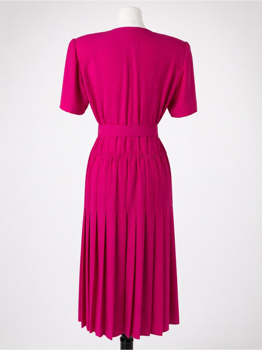 Vintage 90s Pink Pleated Dress Shoulder Pads Gold Buttons Belted Midi - Picture 11 of 11